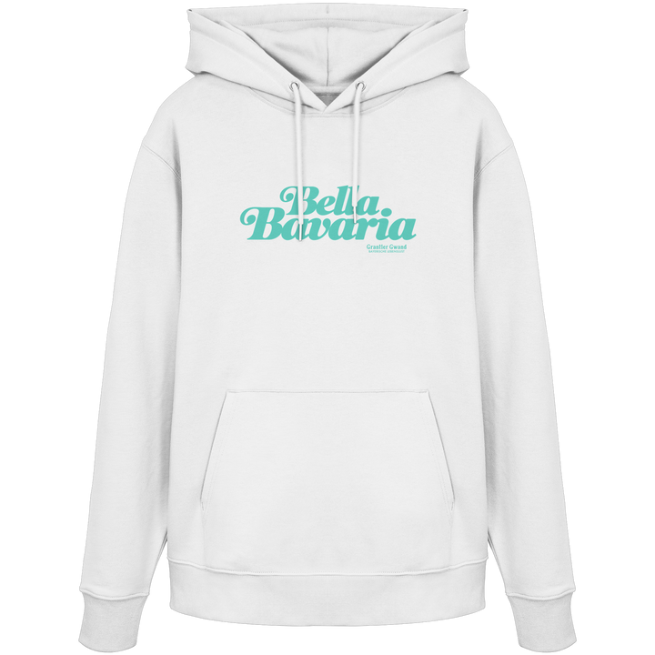 Weißer Unisex Hoodie mit grünem „Bella Bavaria“-Frontprint – bayerische Streetwear von Grantler Gwand im modernen, minimalistischen Design.