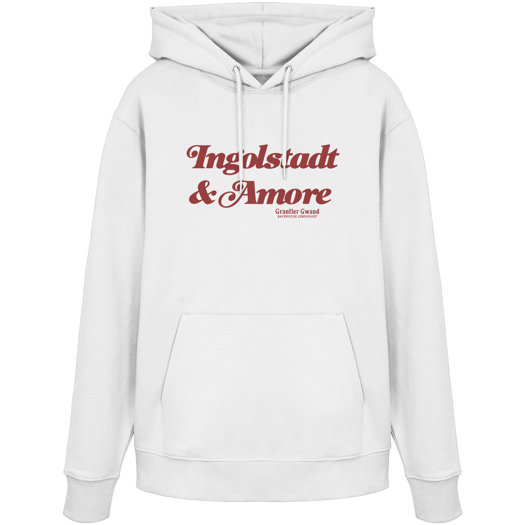 Weißer Unisex Hoodie mit rotem „Ingolstadt & Amore“-Frontprint – bayerische Streetwear von Grantler Gwand im modernen, minimalistischen Look.