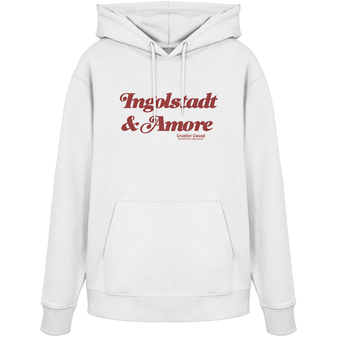 Weißer Unisex Hoodie mit rotem „Ingolstadt & Amore“-Frontprint – bayerische Streetwear von Grantler Gwand im modernen, minimalistischen Look.