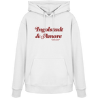 Weißer Unisex Hoodie mit rotem „Ingolstadt & Amore“-Frontprint – bayerische Streetwear von Grantler Gwand im modernen, minimalistischen Look.