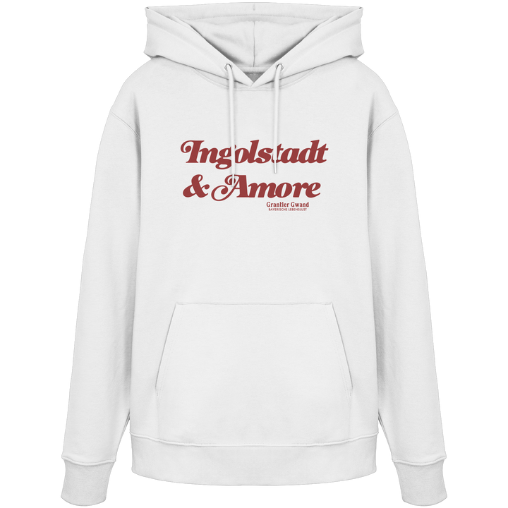 Weißer Unisex Hoodie mit rotem „Ingolstadt &amp; Amore“-Frontprint – bayerische Streetwear von Grantler Gwand im modernen, minimalistischen Look.