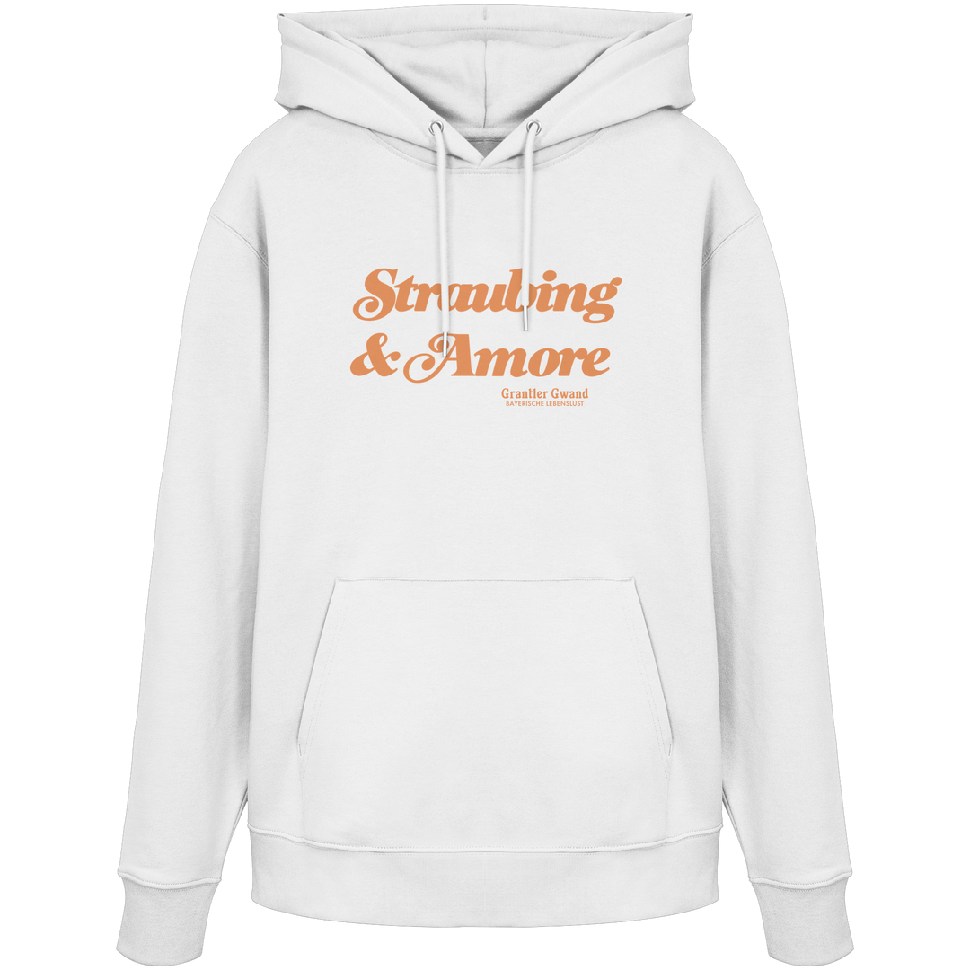 Weißer  Unisex Hoodie mit orangefarbenem „Straubing &amp; Amore“-Frontprint – bayerische Streetwear von Grantler Gwand im modernen, minimalistischen Look.