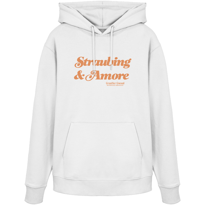 Weißer  Unisex Hoodie mit orangefarbenem „Straubing &amp; Amore“-Frontprint – bayerische Streetwear von Grantler Gwand im modernen, minimalistischen Look.