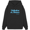 Schwarzer Oversize-Hoodie mit blauem Frontprint „Volksfest & Amore“. Minimalistisches bayerisches Streetwear-Design für Volksfest, Biergarten und Alltag. Hochwertiger Unisex Oversize-Hoodie in Extra-Heavy-Qualität, designed und bedruckt in Bayern von Grantler Gwand.
