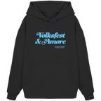 Schwarzer Oversize-Hoodie mit blauem Frontprint „Volksfest & Amore“. Minimalistisches bayerisches Streetwear-Design für Volksfest, Biergarten und Alltag. Hochwertiger Unisex Oversize-Hoodie in Extra-Heavy-Qualität, designed und bedruckt in Bayern von Grantler Gwand.