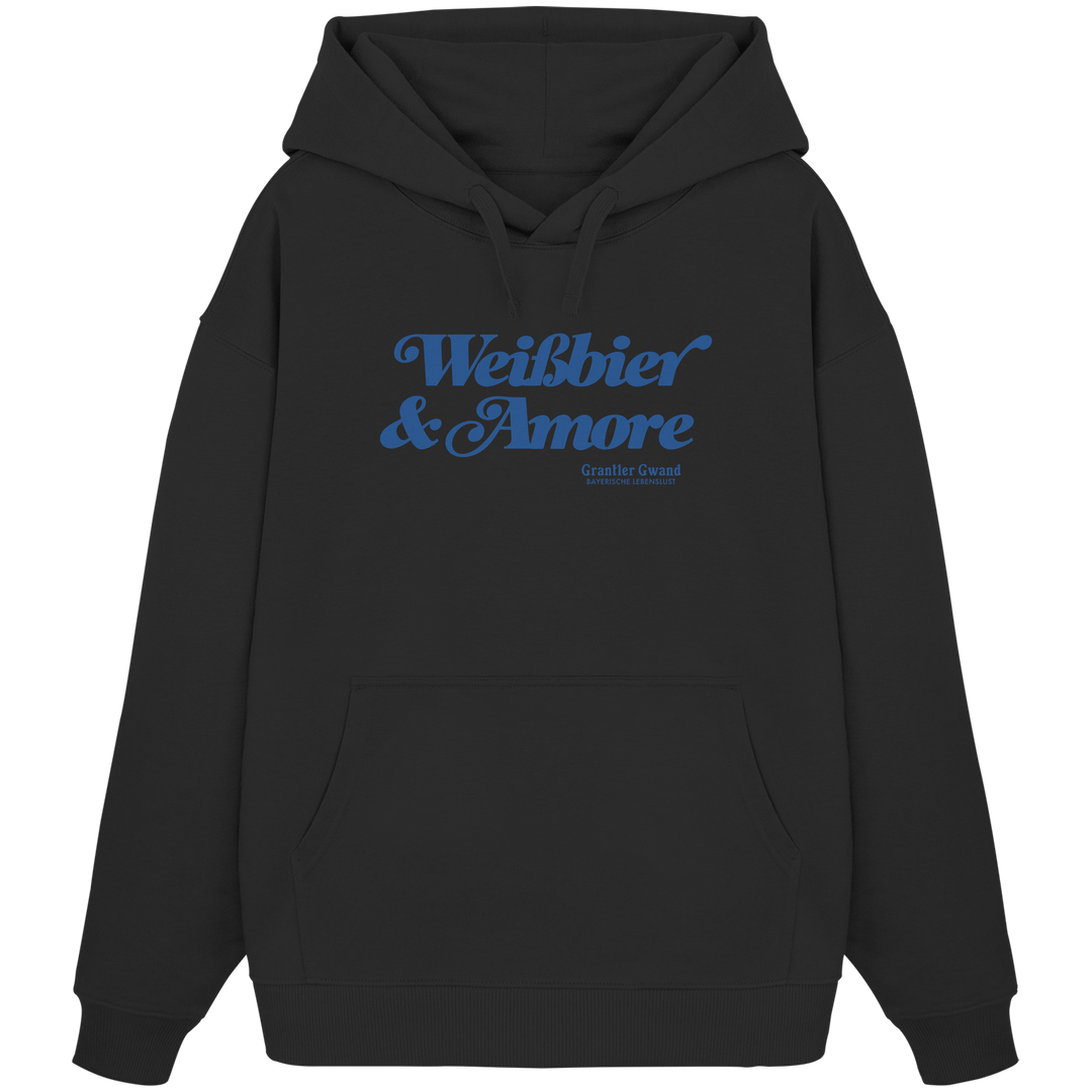 Schwarzer Oversize-Hoodie mit blauem Frontprint „Weißbier & Amore“. Moderner Unisex-Hoodie mit bayerischem Statement für Biergarten, Volksfest und Alltag. Extra schwerer Premium-Hoodie, designed und bedruckt in Bayern von Grantler Gwand.