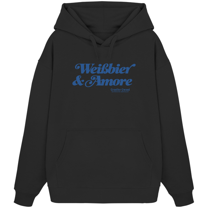 Schwarzer Oversize-Hoodie mit blauem Frontprint „Weißbier &amp; Amore“. Moderner Unisex-Hoodie mit bayerischem Statement für Biergarten, Volksfest und Alltag. Extra schwerer Premium-Hoodie, designed und bedruckt in Bayern von Grantler Gwand.