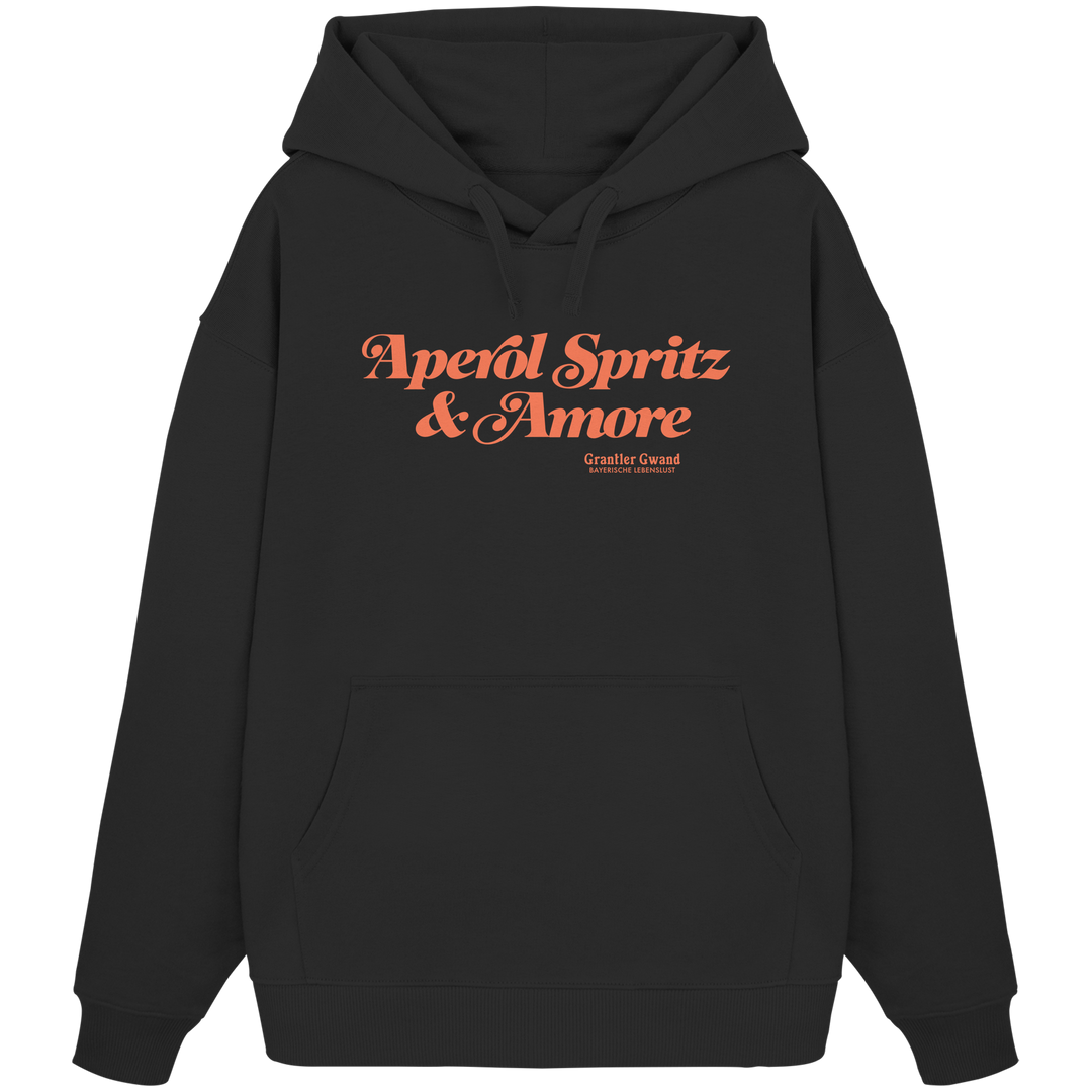 Schwarzer Oversize Hoodie mit orangefarbenem Schriftzug "Aperol Spritz &amp; Amore" im minimalistischen Streetwear-Design von Grantler Gwand.
