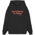 Schwarzer Oversize Hoodie mit orangefarbenem Schriftzug "Aperol Spritz & Amore" im minimalistischen Streetwear-Design von Grantler Gwand.