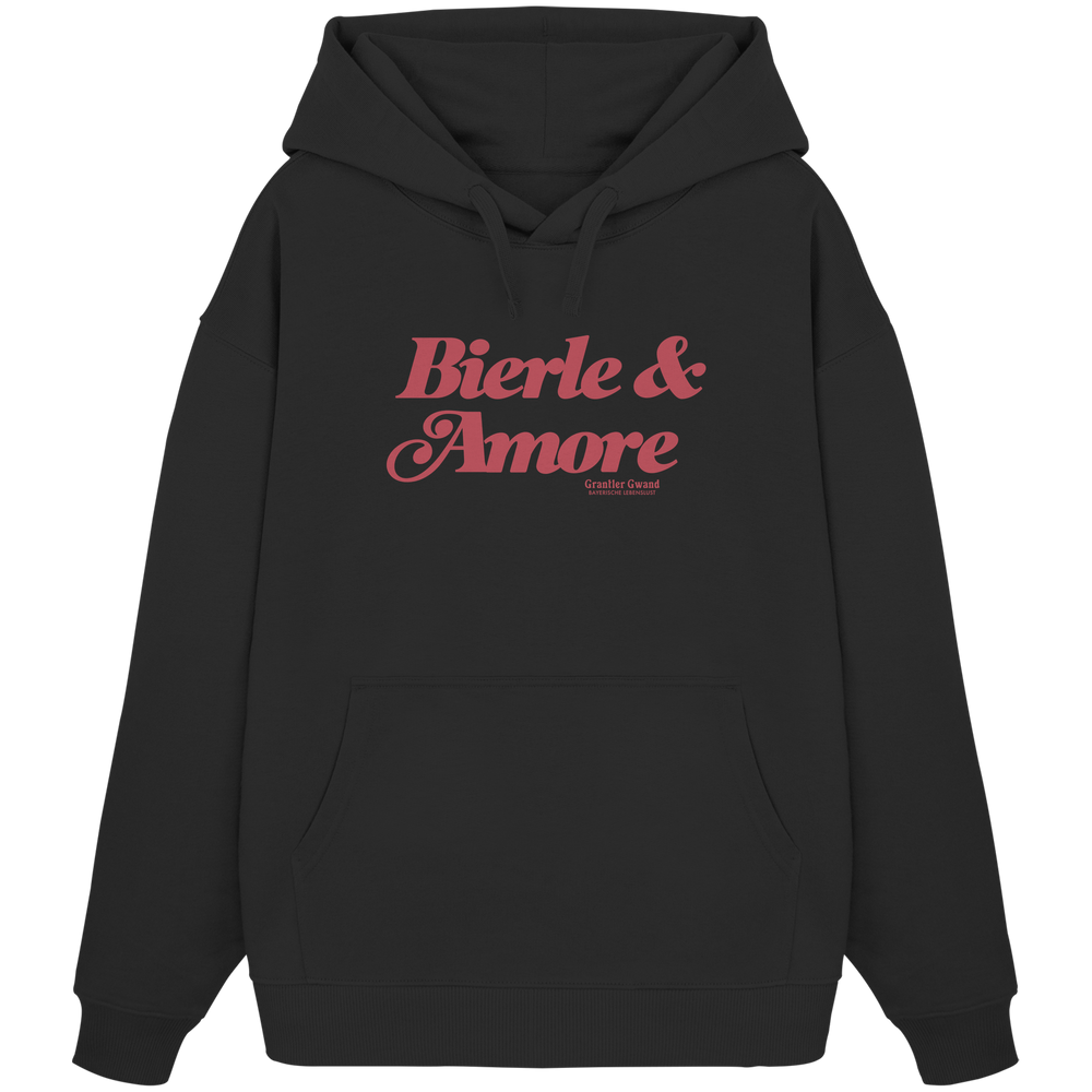 Schwarzer Oversize-Hoodie in schwerer Grammatur mit rotem „Bierle & Amore“-Frontprint – bayerische Streetwear von Grantler Gwand im modernen, minimalistischen Look.