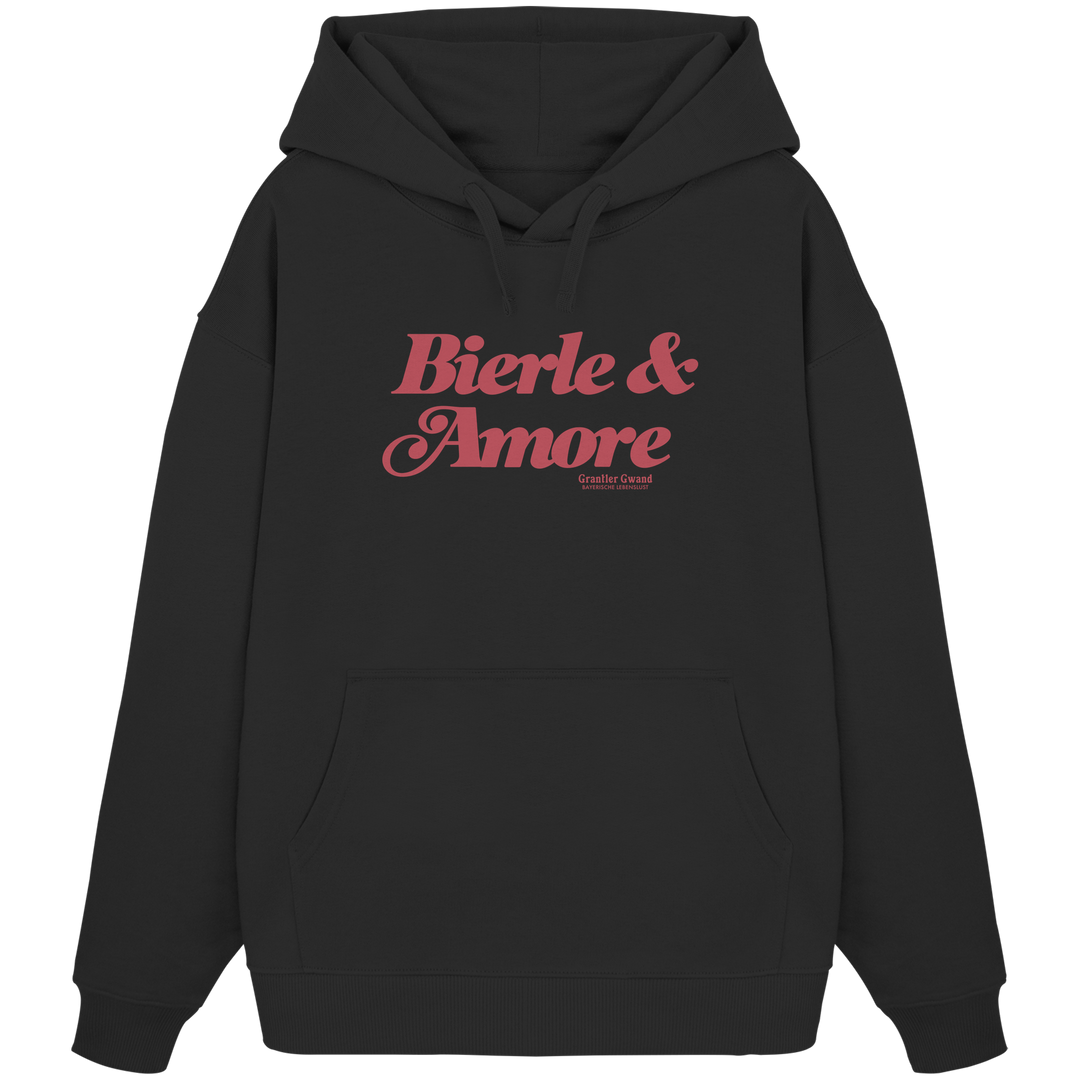 Schwarzer Oversize-Hoodie in schwerer Grammatur mit rotem „Bierle &amp; Amore“-Frontprint – bayerische Streetwear von Grantler Gwand im modernen, minimalistischen Look.