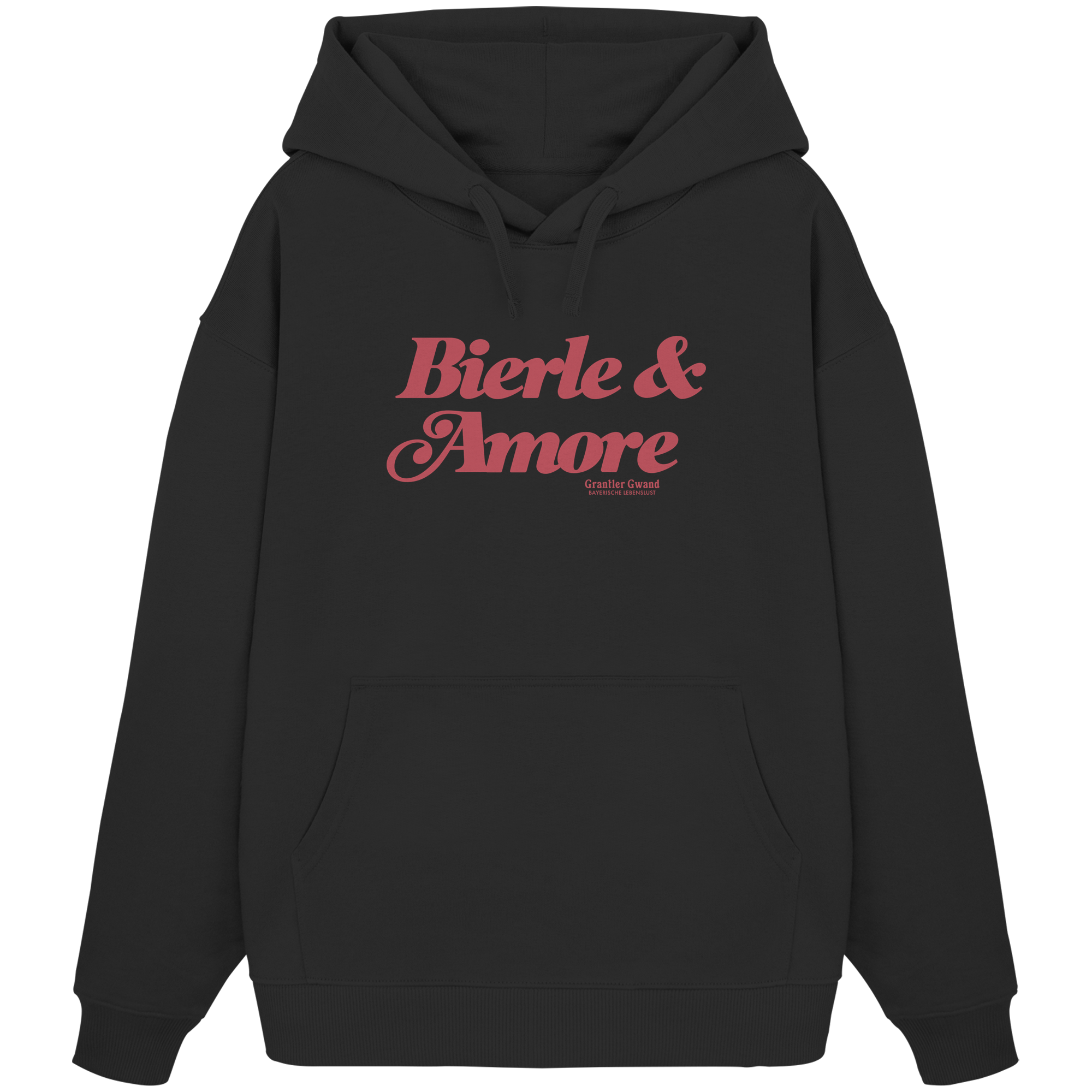 Schwarzer Oversize-Hoodie in schwerer Grammatur mit rotem „Bierle & Amore“-Frontprint – bayerische Streetwear von Grantler Gwand im modernen, minimalistischen Look.