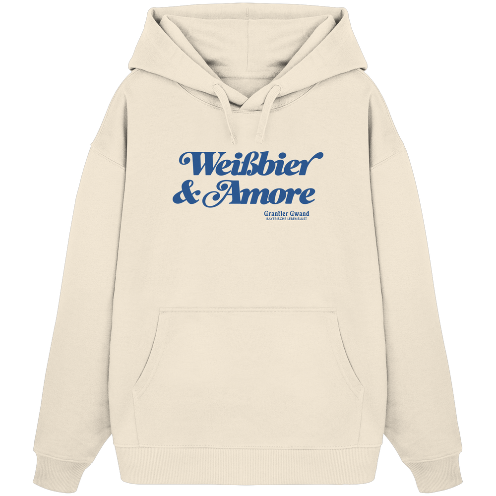 Beiger Oversize-Hoodie mit blauem Frontprint „Weißbier & Amore“. Moderner Unisex-Hoodie mit bayerischem Statement für Biergarten, Volksfest und Alltag. Extra schwerer Premium-Hoodie, designed und bedruckt in Bayern von Grantler Gwand.