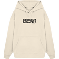 Beiger Oversize-Hoodie mit schwarzem Frontprint „Gschneizt & Kampelt“. Moderner Hoodie mit bayerischem Dialekt im minimalistischen Streetwear-Design für Volksfest, Biergarten und Alltag. Hochwertige Qualität, designed und bedruckt in Bayern von Grantler Gwand.