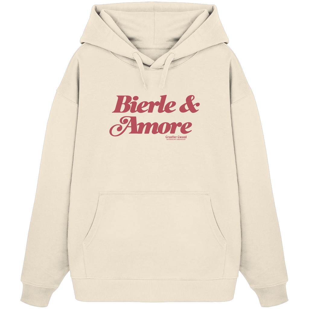 Cremefarbener Oversize-Hoodie in schwerer Grammatur mit rotem „Bierle & Amore“-Frontprint – bayerische Streetwear von Grantler Gwand im modernen, minimalistischen Look.