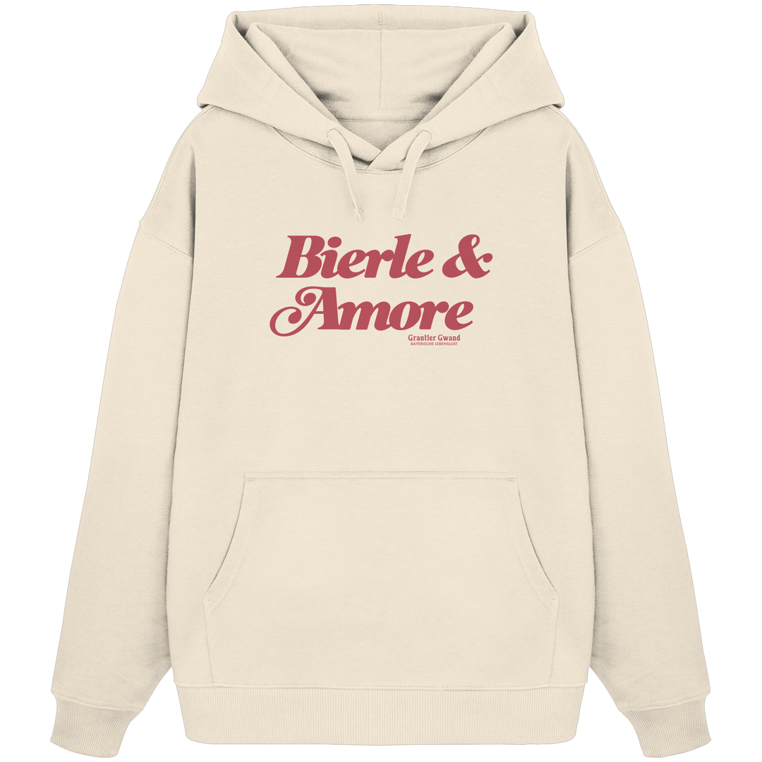 Cremefarbener Oversize-Hoodie in schwerer Grammatur mit rotem „Bierle &amp; Amore“-Frontprint – bayerische Streetwear von Grantler Gwand im modernen, minimalistischen Look.