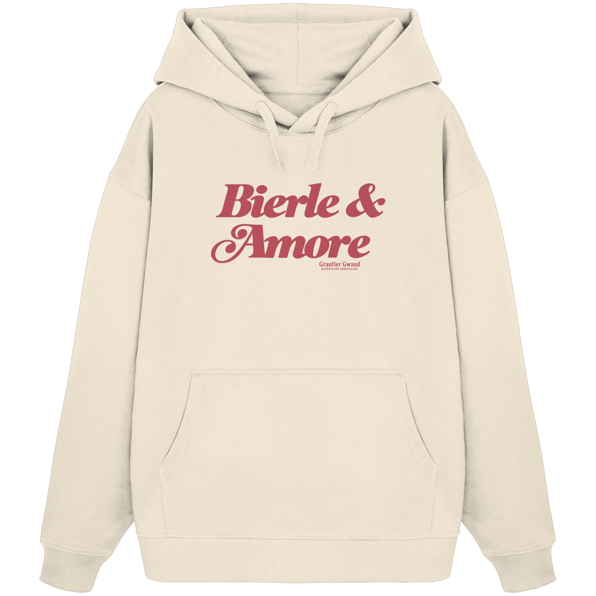 Cremefarbener Oversize-Hoodie in schwerer Grammatur mit rotem „Bierle & Amore“-Frontprint – bayerische Streetwear von Grantler Gwand im modernen, minimalistischen Look.