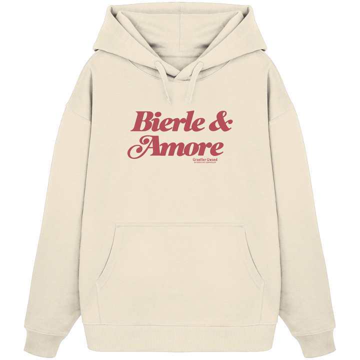 Cremefarbener Oversize-Hoodie in schwerer Grammatur mit rotem „Bierle &amp; Amore“-Frontprint – bayerische Streetwear von Grantler Gwand im modernen, minimalistischen Look.