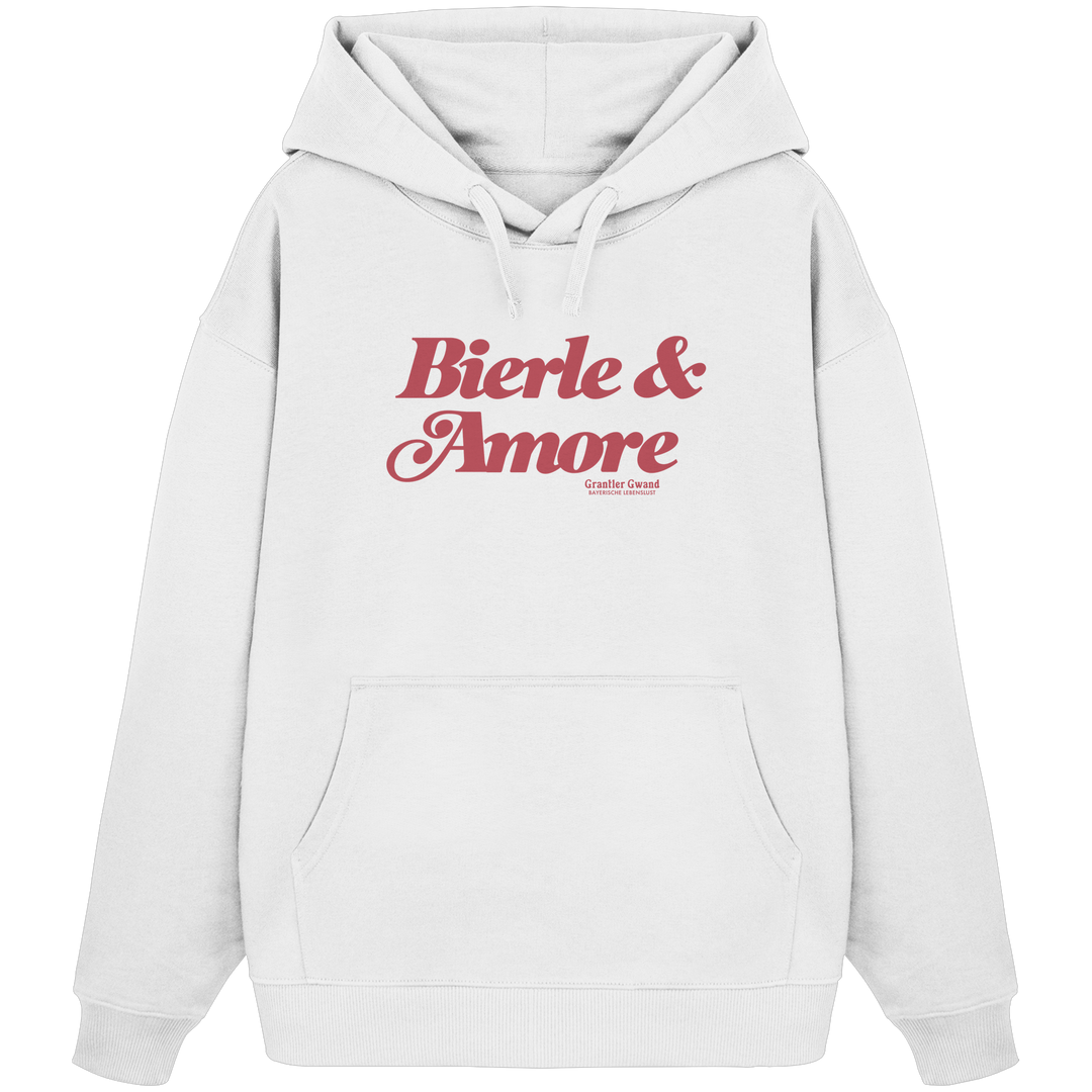 Weißer Oversize-Hoodie in schwerer Grammatur mit rotem „Bierle &amp; Amore“-Frontprint – bayerische Streetwear von Grantler Gwand im modernen, minimalistischen Look.