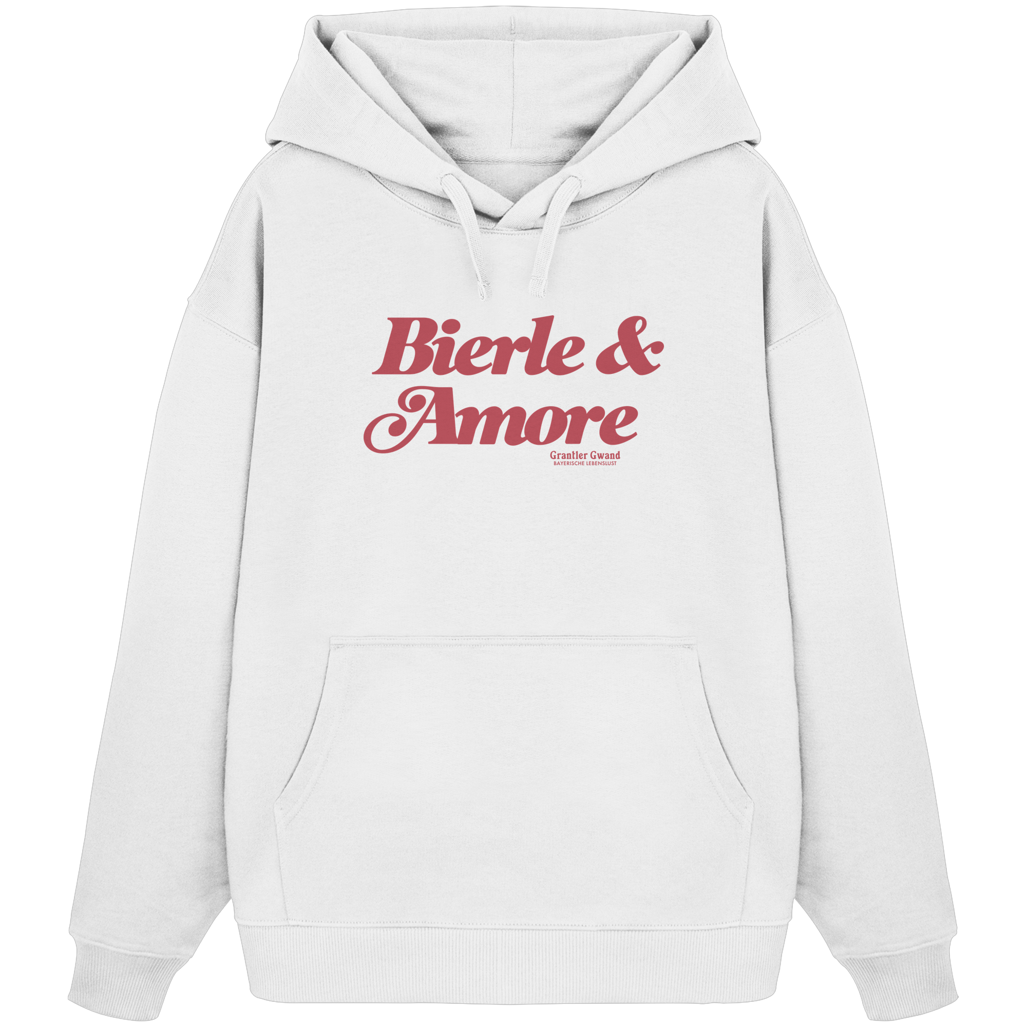 Weißer Oversize-Hoodie in schwerer Grammatur mit rotem „Bierle & Amore“-Frontprint – bayerische Streetwear von Grantler Gwand im modernen, minimalistischen Look.