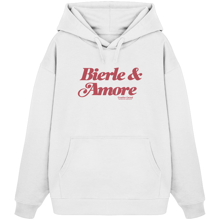 Weißer Oversize-Hoodie in schwerer Grammatur mit rotem „Bierle &amp; Amore“-Frontprint – bayerische Streetwear von Grantler Gwand im modernen, minimalistischen Look.