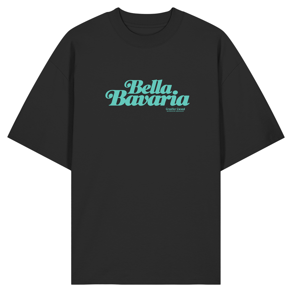 Schwarzes Oversize-T-Shirt in Bio Qualität mit grünem „Bella Bavaria“-Frontprint – bayerische Streetwear von Grantler Gwand im modernen, minimalistischen Look.
