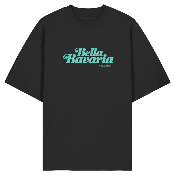 Schwarzes Oversize-T-Shirt in Bio Qualität mit grünem „Bella Bavaria“-Frontprint – bayerische Streetwear von Grantler Gwand im modernen, minimalistischen Look.