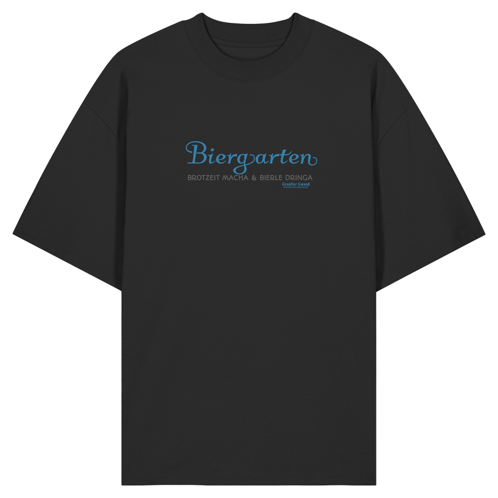 Schwarzes Oversize Shirt mit blauem „Biergarten“-Frontprint – bayerische Streetwear von Grantler Gwand im minimalistischen Look.