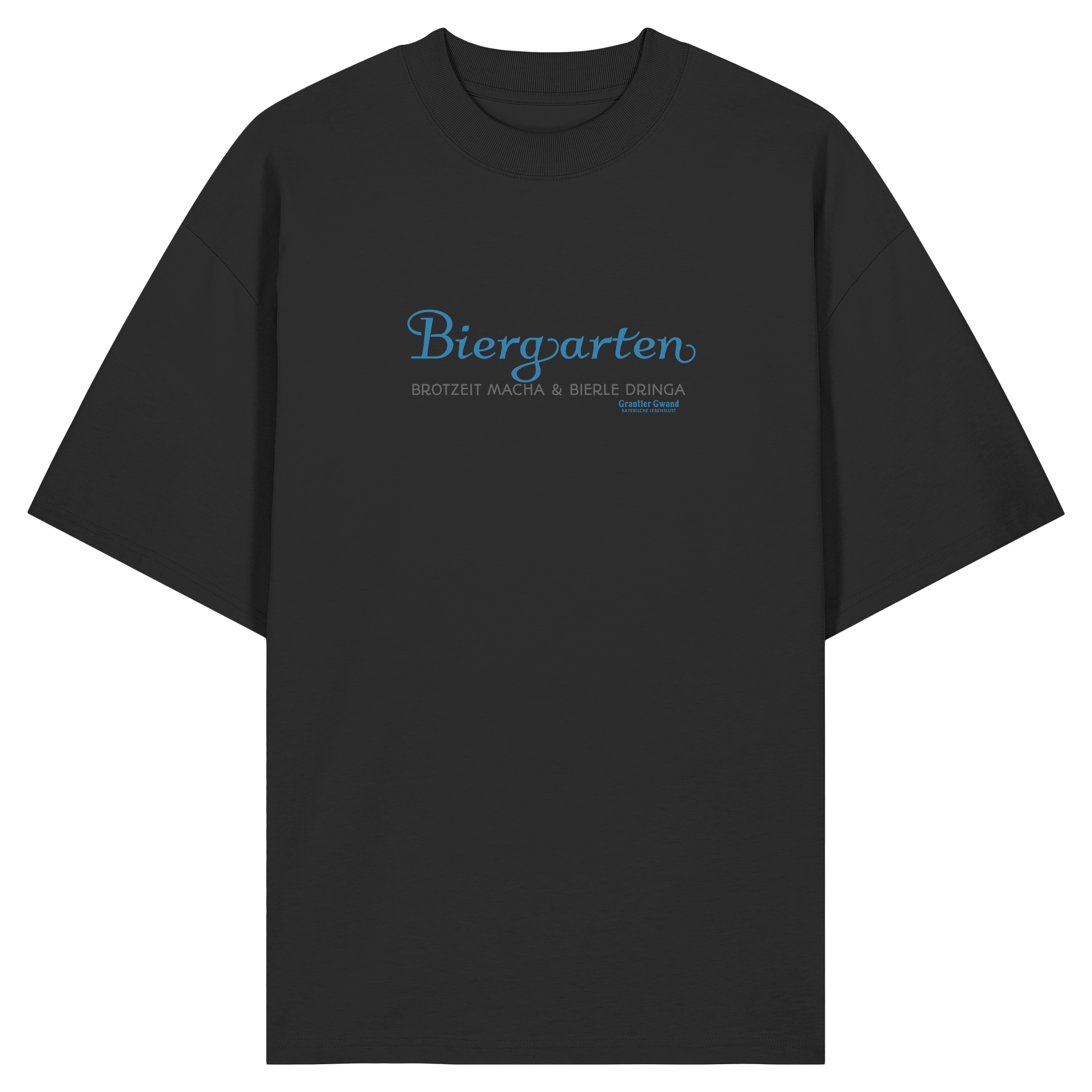 Schwarzes Oversize Shirt mit blauem „Biergarten“-Frontprint – bayerische Streetwear von Grantler Gwand im minimalistischen Look.