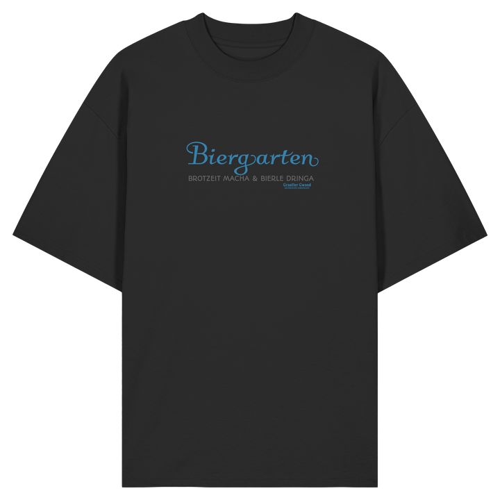 Schwarzes Oversize Shirt mit blauem „Biergarten“-Frontprint – bayerische Streetwear von Grantler Gwand im minimalistischen Look.