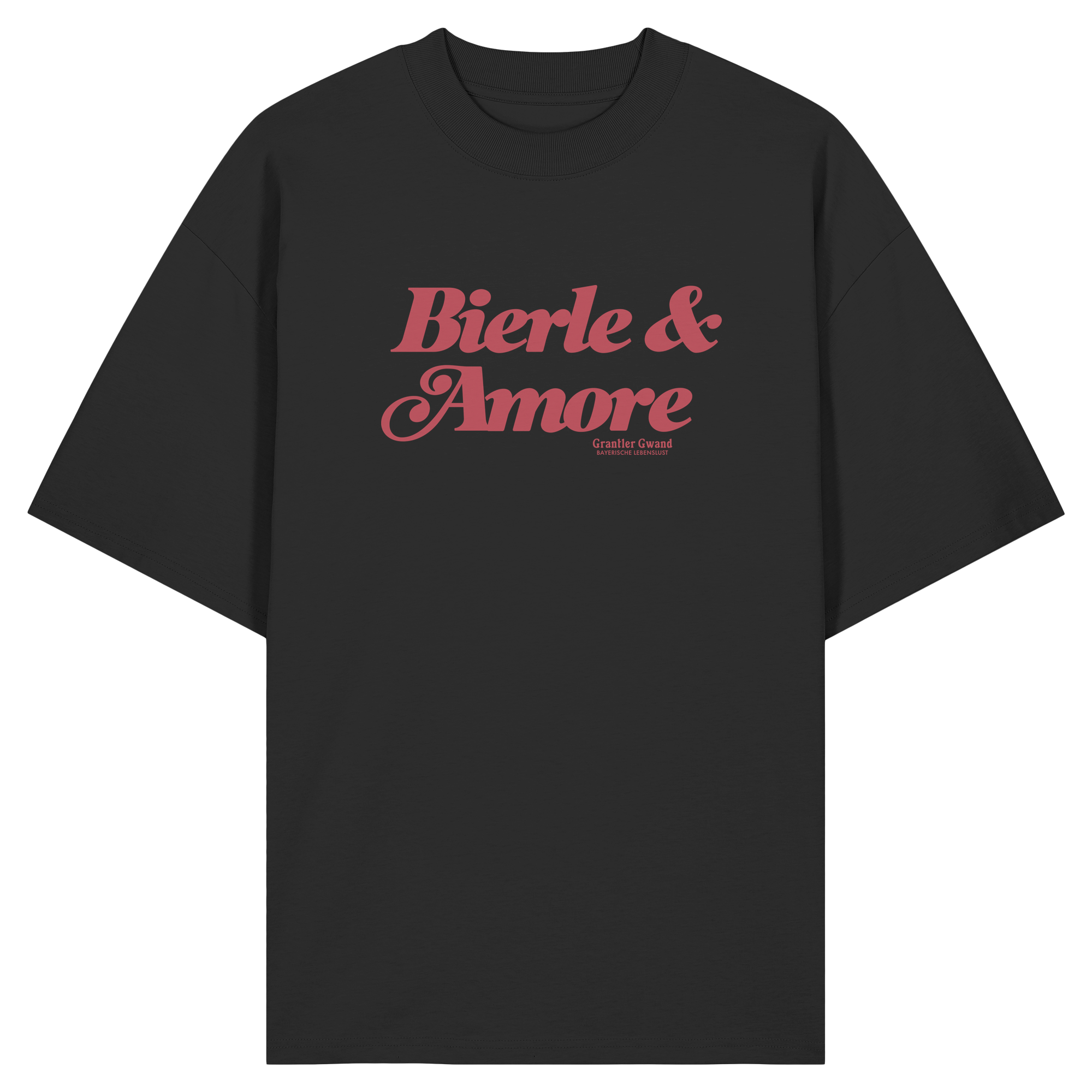 Schwarzes Oversize-T-Shirt in Bio Qualität mit rotem „Bierle & Amore“-Frontprint – bayerische Streetwear von Grantler Gwand im modernen, minimalistischen Look.