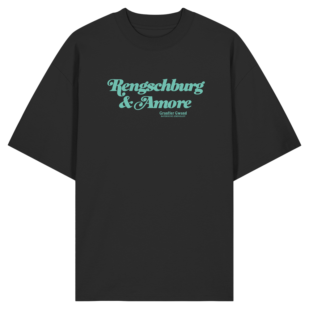 Schwarzes Oversize T-Shirt von Grantler Gwand mit mintgrünem Frontprint „Regensburg & Amore“ im Retro-Schriftzug – bayerisches Streetwear Shirt aus Bio-Baumwolle.