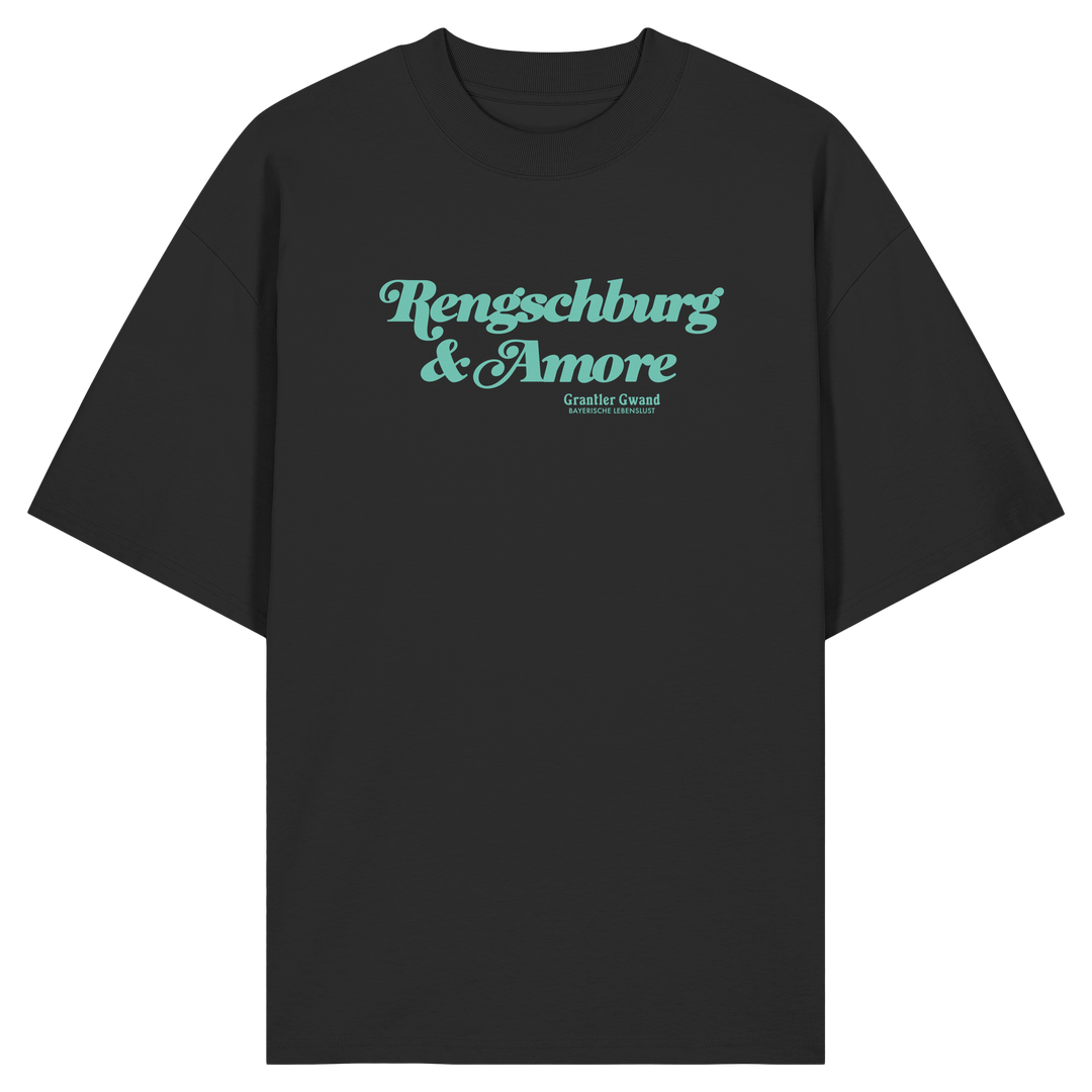 Schwarzes Oversize T-Shirt von Grantler Gwand mit mintgrünem Frontprint „Regensburg &amp; Amore“ im Retro-Schriftzug – bayerisches Streetwear Shirt aus Bio-Baumwolle.