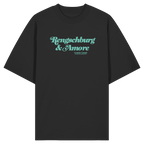 Schwarzes Oversize T-Shirt von Grantler Gwand mit mintgrünem Frontprint „Regensburg & Amore“ im Retro-Schriftzug – bayerisches Streetwear Shirt aus Bio-Baumwolle.