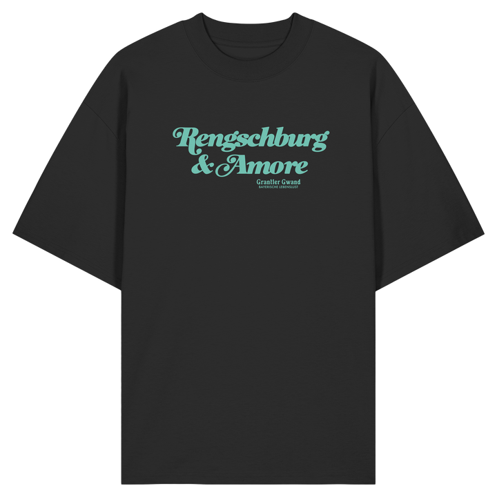 Schwarzes Oversize T-Shirt von Grantler Gwand mit mintgrünem Frontprint „Regensburg &amp; Amore“ im Retro-Schriftzug – bayerisches Streetwear Shirt aus Bio-Baumwolle.