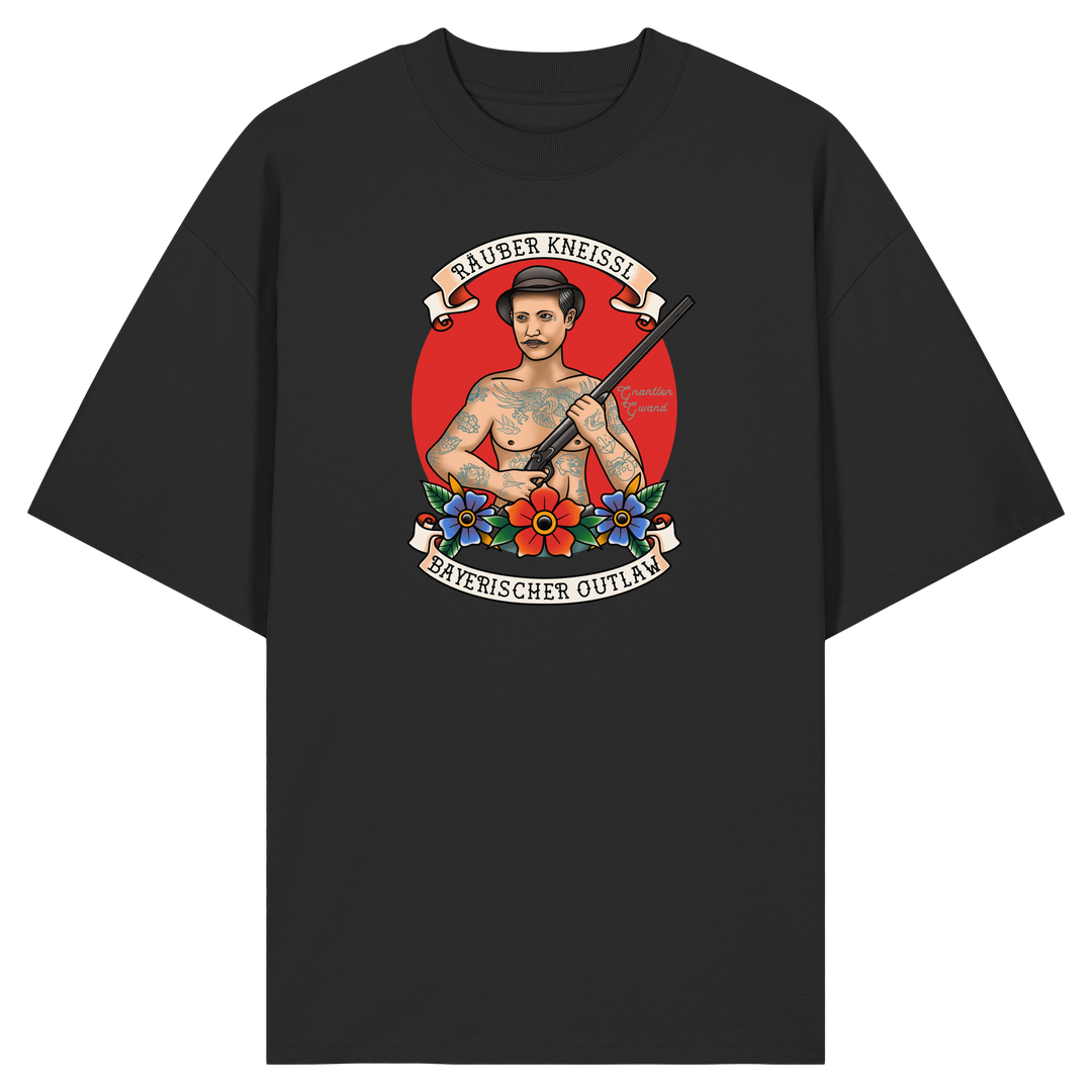 Schwarzes Räuber Kneissl Oversize Shirt mit markantem Frontprint im Tattoo-Style. Relaxed Fit Unisex Streetwear T-Shirt aus 100 % Bio-Baumwolle mit bayerischem Motiv. Designed und bedruckt in Bayern von Grantler Gwand.