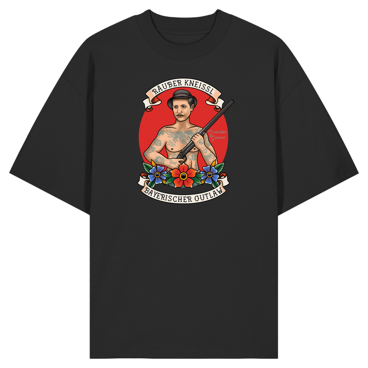 Schwarzes Räuber Kneissl Oversize Shirt mit markantem Frontprint im Tattoo-Style. Relaxed Fit Unisex Streetwear T-Shirt aus 100 % Bio-Baumwolle mit bayerischem Motiv. Designed und bedruckt in Bayern von Grantler Gwand.