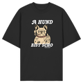Schwarzes Oversize Shirt in Bio Qualität mit Frontprint „A Hund bist scho“ und Bulldoggen-Motiv im Vintage-Stil – bayerischer Statement-Hoodie von Grantler Gwand.
