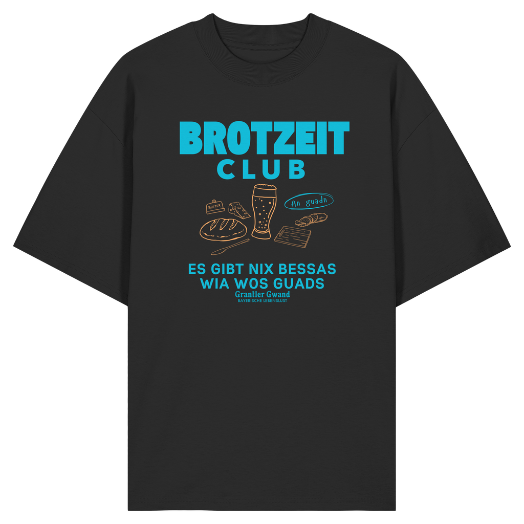 Schwarzes Oversize T-Shirt von Grantler Gwand mit grünem Frontprint „Brotzeit Club“ und handgezeichneten Brotzeit-Motiven – bayerisches Streetwear Shirt aus Bio-Baumwolle.