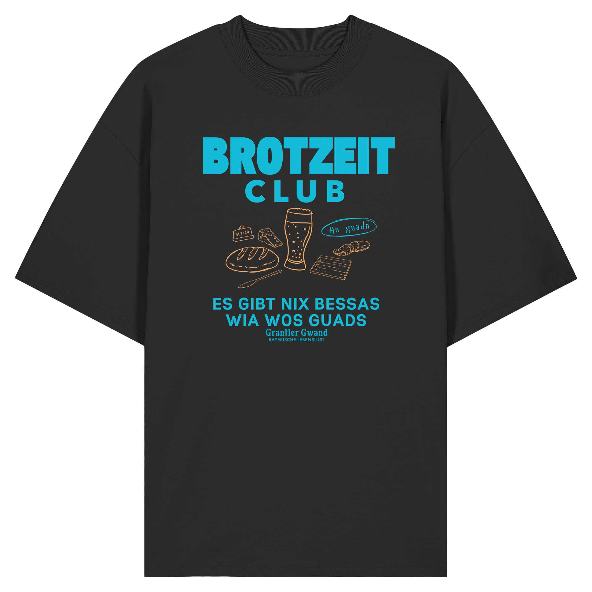 Schwarzes Oversize T-Shirt von Grantler Gwand mit grünem Frontprint „Brotzeit Club“ und handgezeichneten Brotzeit-Motiven – bayerisches Streetwear Shirt aus Bio-Baumwolle.