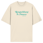Cremefarbenes Oversize T-Shirt von Grantler Gwand mit mintgrünem Frontprint „Regensburg & Amore“ im Retro-Schriftzug – bayerisches Streetwear Shirt aus Bio-Baumwolle.