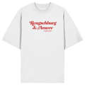 Weißes Oversize T-Shirt von Grantler Gwand mit rotem Frontprint „Regensburg & Amore“ im Retro-Schriftzug – bayerisches Streetwear Shirt aus Bio-Baumwolle.