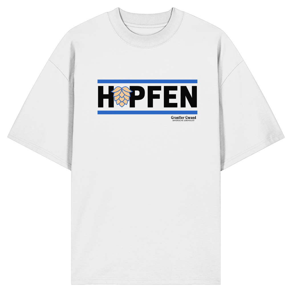 Weißes Oversize Shirt mit minimalistischem Hopfen-Frontprint in Schwarz und Blau von Grantler Gwand.