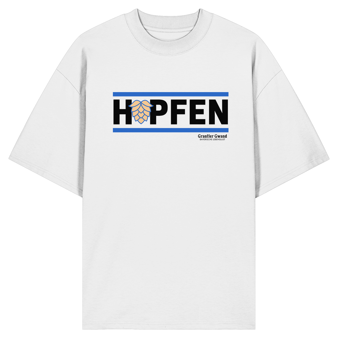 Weißes Oversize Shirt mit minimalistischem Hopfen-Frontprint in Schwarz und Blau von Grantler Gwand.