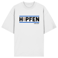 Weißes Oversize Shirt mit minimalistischem Hopfen-Frontprint in Schwarz und Blau von Grantler Gwand.