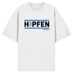 Weißes Oversize Shirt mit minimalistischem Hopfen-Frontprint in Schwarz und Blau von Grantler Gwand.