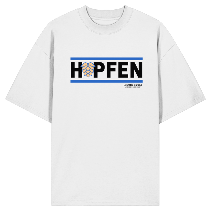 Weißes Oversize Shirt mit minimalistischem Hopfen-Frontprint in Schwarz und Blau von Grantler Gwand.