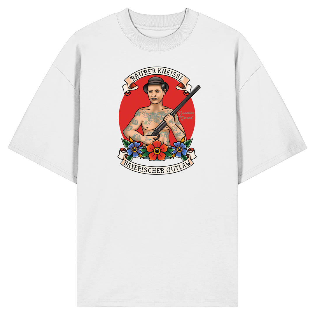 Weißes Räuber Kneissl Oversize Shirt mit markantem Frontprint im Tattoo-Style. Relaxed Fit Unisex Streetwear T-Shirt aus 100 % Bio-Baumwolle mit bayerischem Motiv. Designed und bedruckt in Bayern von Grantler Gwand.