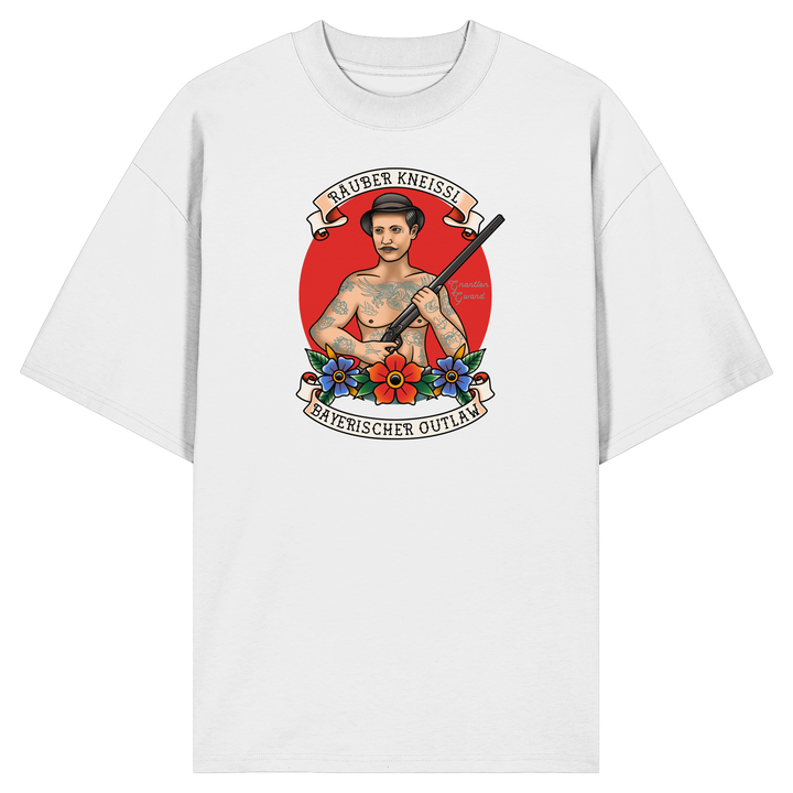 Weißes Räuber Kneissl Oversize Shirt mit markantem Frontprint im Tattoo-Style. Relaxed Fit Unisex Streetwear T-Shirt aus 100 % Bio-Baumwolle mit bayerischem Motiv. Designed und bedruckt in Bayern von Grantler Gwand.
