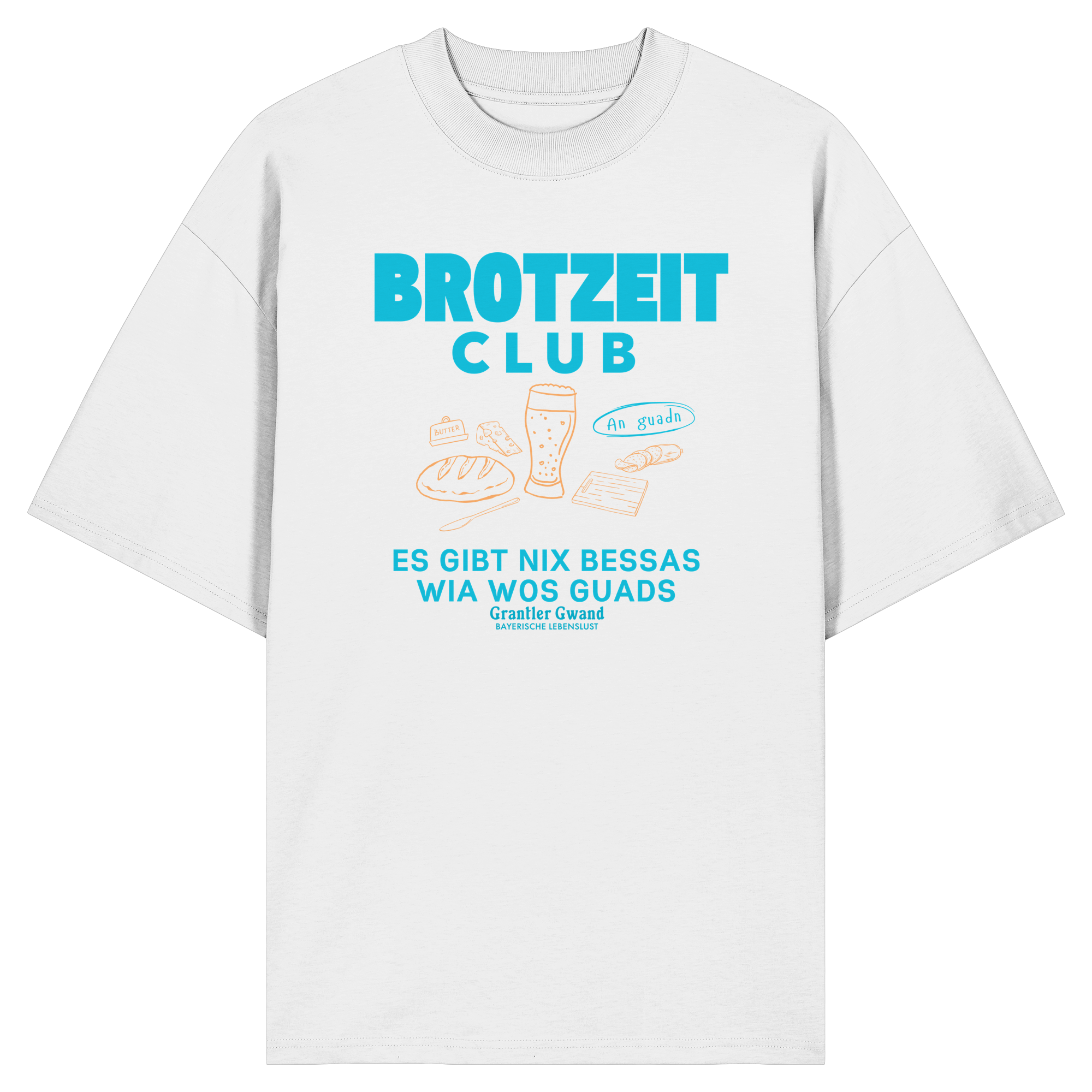 Weißes Oversize T-Shirt von Grantler Gwand mit grünem Frontprint „Brotzeit Club“ und handgezeichneten Brotzeit-Motiven – bayerisches Streetwear Shirt aus Bio-Baumwolle.